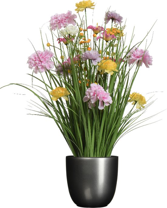 Kunstbloemen boeket lila paars - in pot antraciet grijs - keramiek - H70 cm