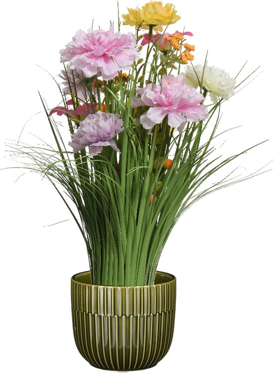 Kunstbloemen boeket lila paars - in pot groen - keramiek - H40 cm