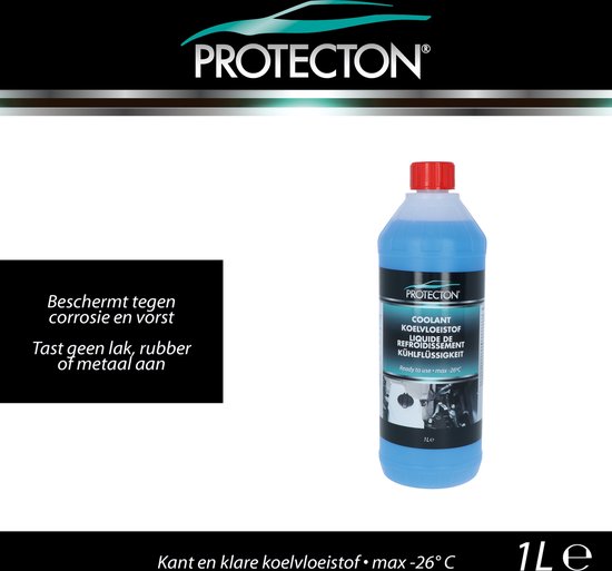 Fles blauwe koelvloeistof met rode dop. Op het label staat 'Protecton' en 'Kant en klare koelvloeistof • max -26°C'. Links een zwart vlak met Nederlandse tekst.