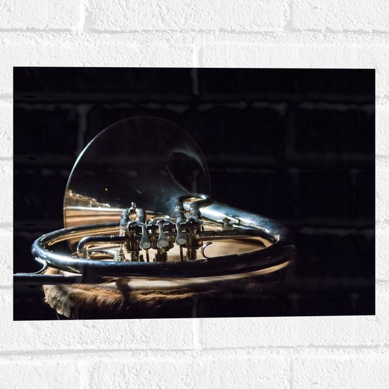 Foto: Muursticker liggend gouden blaasinstrument tegen zwarte achtergrond 40x30 cm foto op muursticker