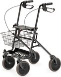 Grijze rollator met mandje, dienblad en opgevouwen zitting.