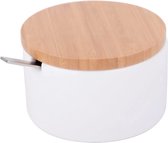Suikerpot van keramiek met bamboelepel en deksel - suikerlepel voor huis en keuken, moderne bolvorm voor suiker, kaas, kruiden, 12,5 x 10 x 6,5 cm, wit