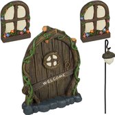 Porte gnome de décoration d'arbre Relaxdays - porte elfe avec 2 fenêtres et lanterne - pierre artificielle