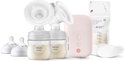 Philips Avent dubbele elektrische borstkolf set met flessen, motorunit en accessoires.