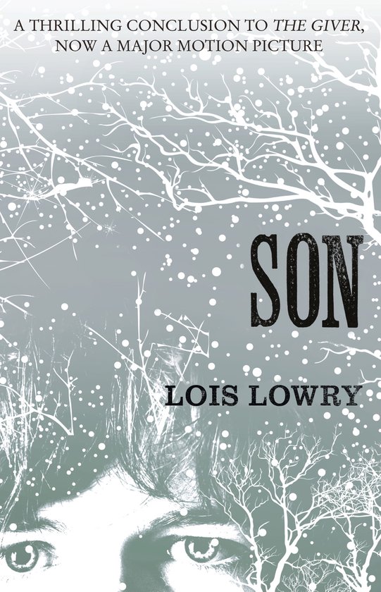 Boek 'Son' van Lois Lowry met winterse takken en sneeuwvlokken op de cover. Eyes van een jong persoon zichtbaar.