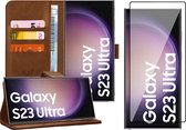 Hoesje geschikt voor Samsung Galaxy S23 Ultra - Screen Protector FlexGuard - Book Case Leer Pasjeshouder Bruin & Screenprotector
