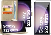 Hoesje geschikt voor Samsung Galaxy S23 Ultra - Screen Protector FullGuard - Book Case Leer Pasjeshouder Goud & Screenprotector