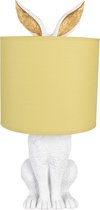 HAES DECO - Tafellamp - City Jungle - Konijn in de Lamp, formaat Ø 20x43 cm - Wit met Gele Lampenkap - Bureaulamp, Sfeerlamp, Nachtlampje