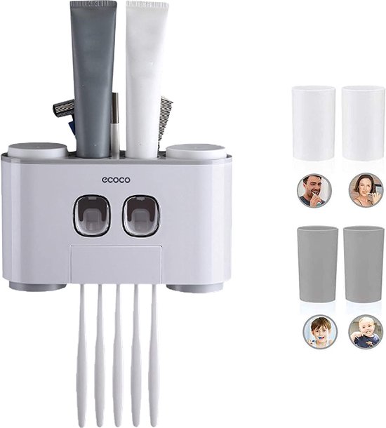 Tandenborstelhouder aan de muur gemonteerd, 2 automatische tandpasta dispenser knijper kit - Magnetische tandenborstelhouder voor badkamer en ijdelheid, 6 borstelsleuven 2 kopjes 1 cosmetische lade 1 grote opbergbak