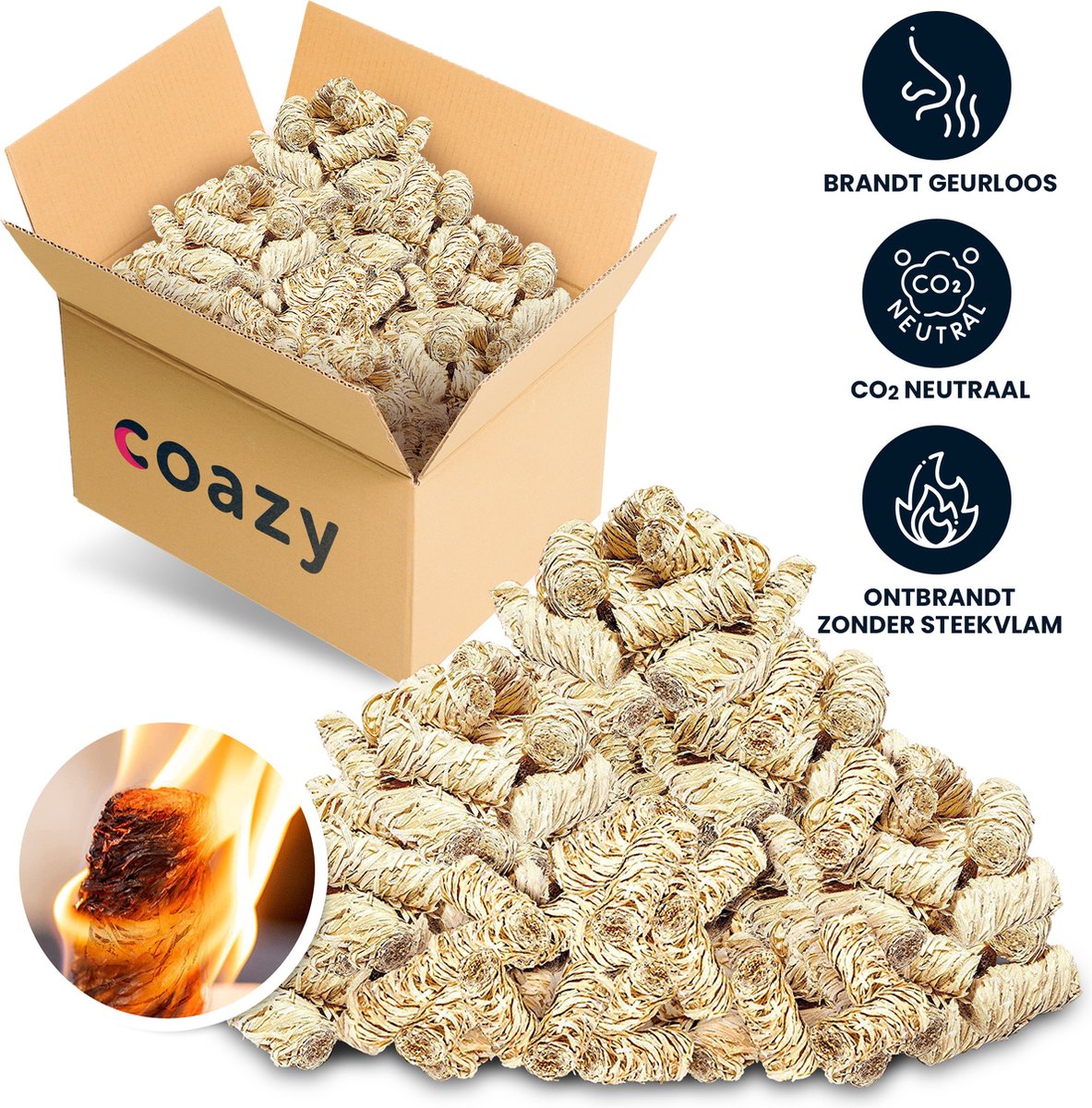 Allume-feu Naturel Lot De 100 Allume-feu Bio - Laine De Bois Naturelle - Pour Cheminée, Poêle, Barbecue - Sans Produits Chimiques Allume Feu Naturel