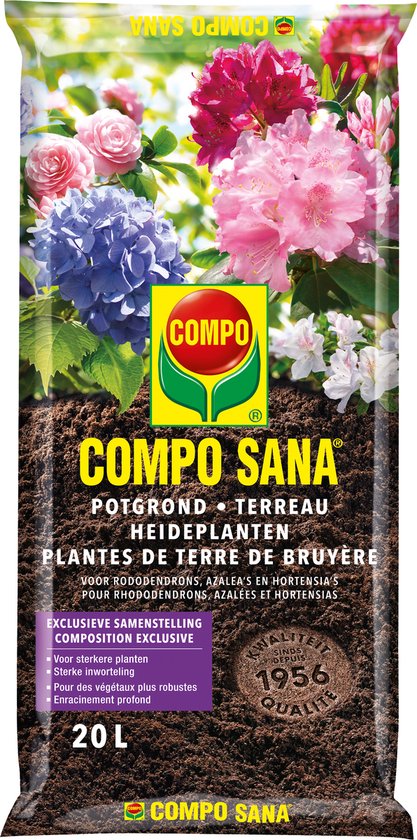 COMPO SANA Potgrond Heideplanten - incl. meststof met 100 dagen werking - voor alle zuurminnende planten - voor een prachtige bloei - 20L