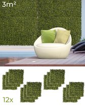 Kunsthaag - Wandpaneel - Milaan gras - Tuinscherm - Zichtbreeknet - Balkonscherm - Plantenwand - Wanddecoratie - Voor buiten en binnen - Set van 12 - 3m² - Groen