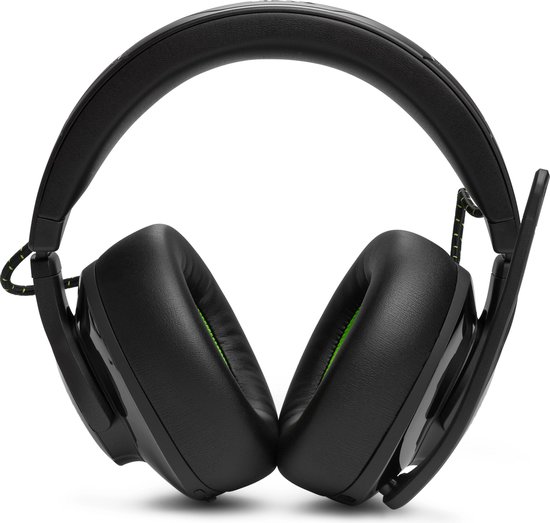 Zwarte JBL gaming headset, detail van de oorkussens en hoofdband.