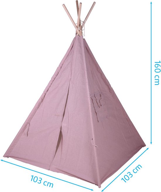 Roze tipi tent, 103x103x160cm, met houten stokken. Deur en ramen zichtbaar.