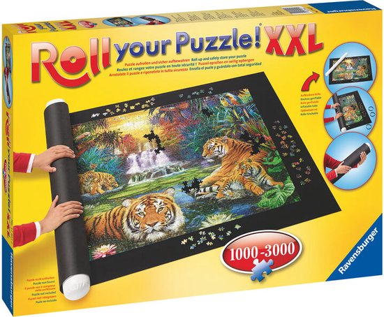 Ravensburger 'Roll your Puzzle! XXL' verpakking met een puzzelmat en een puzzel van tijgers.