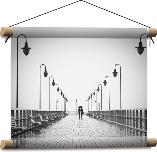 Foto: Textielposter stijger op de zee met lantaarnpalen zwart wit 40x30 cm foto op textiel