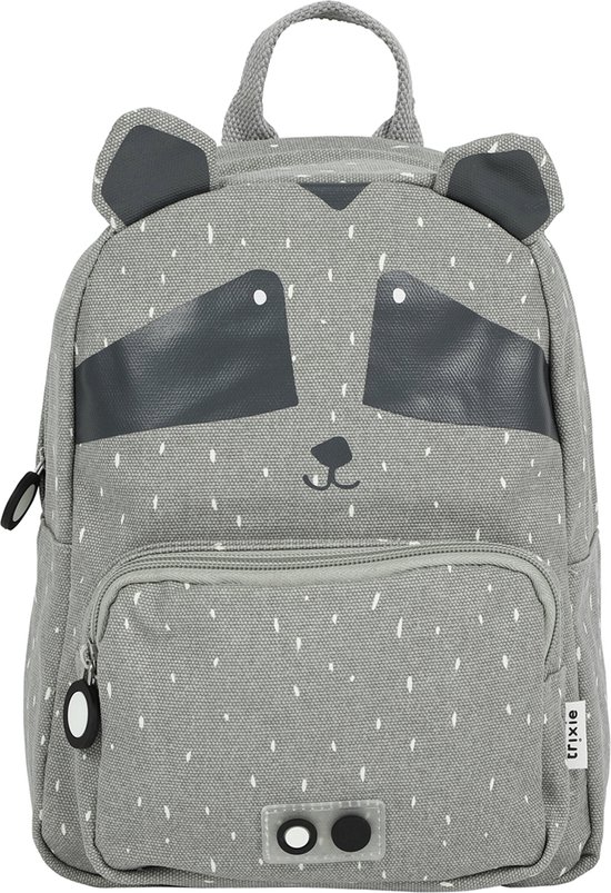 Grijze kinderrugzak met stippenpatroon, racoongezicht, oortjes en logo Trixie.