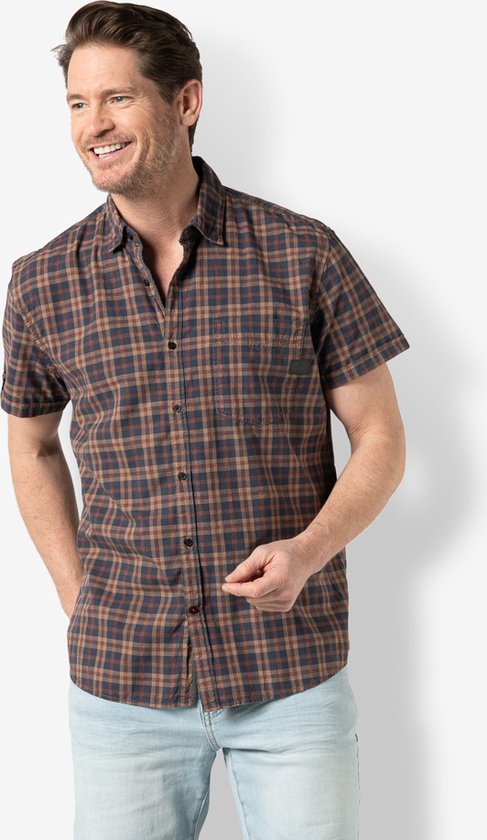 Twinlife Heren shirt plaid s.s. - Overhemden - Luchtig - Vochtabsorberend - Duurzaam - Bruin - 4XL