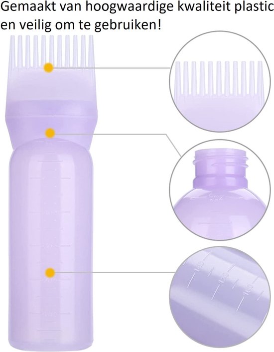 Lichtpaarse applicatorfles met maatverdeling, met focus op de tanden van de kam en de hals van de fles.