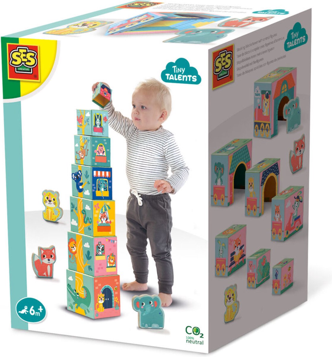 Duurzaam houten speelgoed. Stapelblokken toren vrolijke