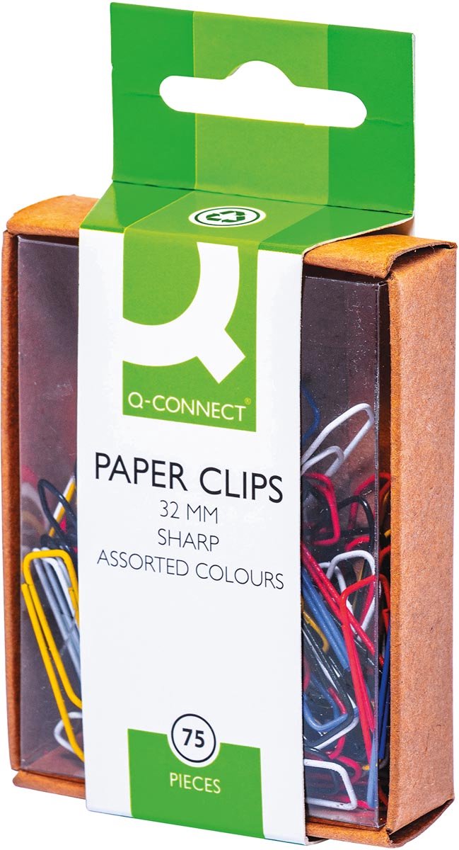 Q-CONNECT papierklemmen, 32 mm, doos van 75 stuks, ophangbaar, geassorteerde kleuren. 10 stuks