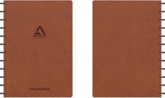 Bruin geruit schrift met leren kaft, 144 pagina's. Links 'ADoc SYSTEMS' logo, rechts 'AURORA'.