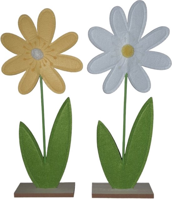 Mica Decorations Vilten bloemen op houten voet,Set van 8,Geel,wit L21 x B6 x H49,5cm