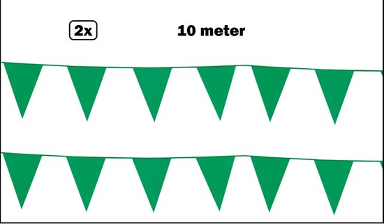 Twee groene vlaggenlijnen, elk 10 meter lang, met negen driehoekige vlaggetjes per lijn.