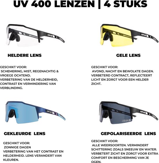 KAPVOE Sport Zonnebril - COMPLETE SET - 4 GLAZEN - Fietsbril - Sportbril - Mountainbike - Ski - Wintersport - Sneeuw - Polariserend - UV 400 - Nachtbril - Frame voor Zonnebril op Sterkte - Hoesje -Brillenkoker - BLAUW - Kapvoe