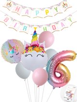 Eenhoorn Unicorn Sweet Color Feestpakket inclusief DIY Happy Birthday Slinger - Snoes - Cijfer Ballon 6 Jaar - Roze - Wit - Pastel