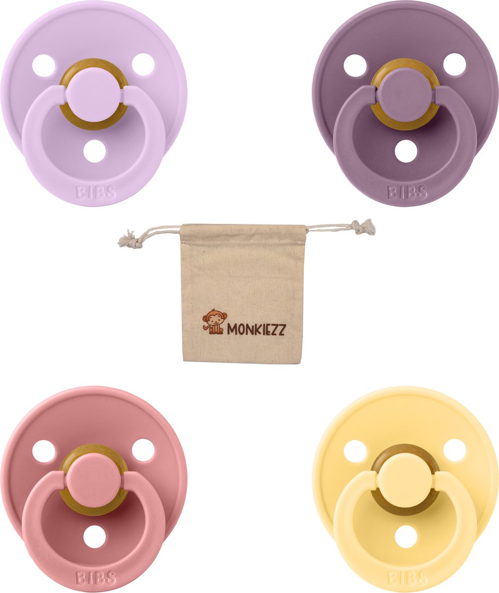Goedkoopste Bibs fopspeen 0-6 maanden|Set 4 stuks|Pale butter, Dusty Pink, Mauve en Violet sky|Maat 1|T1