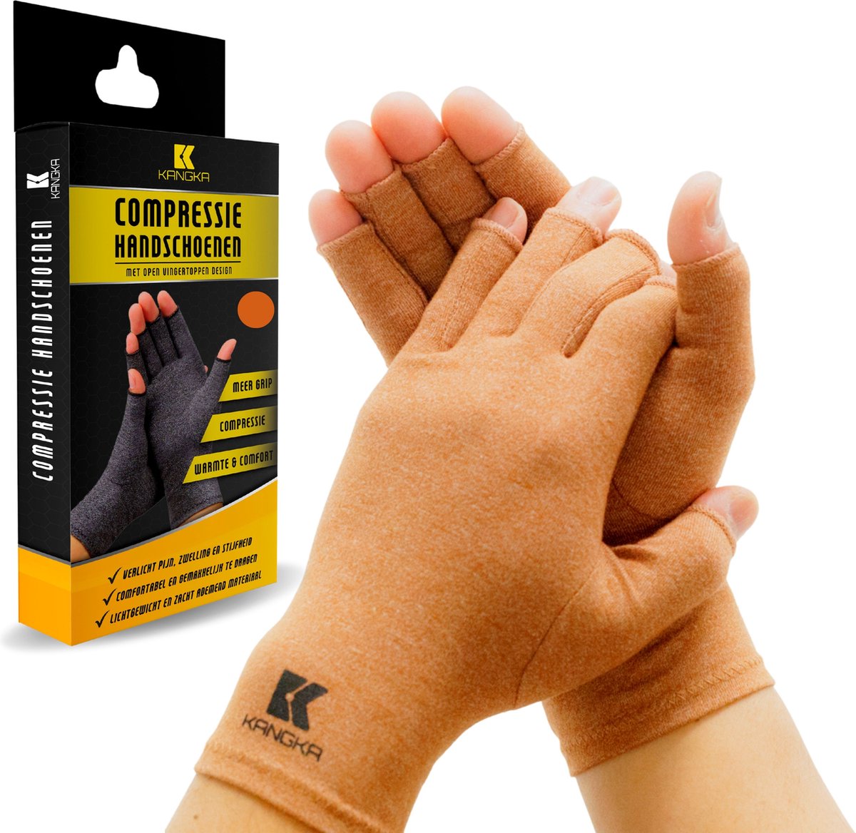KANGKA® Reuma Artritis Handschoenen met Open Vingertoppen Maat S - Bruin - Thuiswerk Handschoen - Unisex