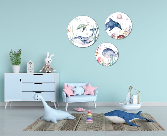 Muurcirkel / Wandcirkel zeedieren onderwater thema middelgroot - set van 3 muurcirkels + ophangsysteem - Decoratie kinderkamer / babykamer jongens & meisjes