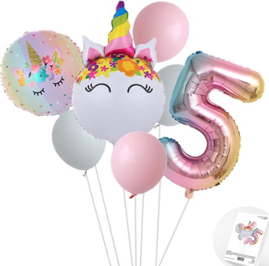 Eenhoorn Unicorn Sweet Color Ballonnen Set - Snoes - Cijfer Ballon 5 Jaar - Roze - Wit - Pastel
