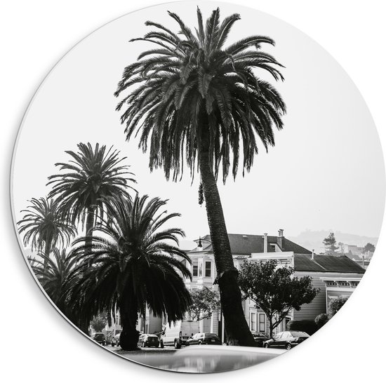 WallClassics - PVC Schuimplaat Muurcirkel - Palmbomen in Amerikaanse Buurt (Zwart- wit) - 40x40 cm Foto op Muurcirkel (met ophangsysteem)