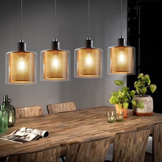 Hanglamp eettafel 4 lichts e 14 vintage glas metaal zwart goud | bol.com