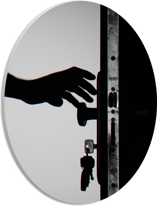 PVC Schuimplaat Ovaal - Voordeur met Sleutels in het Slot (Zwart - wit) - 21x28 cm Foto op Ovaal (Met Ophangsysteem)