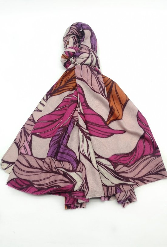 Lange warme dames sjaal Belinda fantasiemotief roze paars fuchsia wit oranje bruin