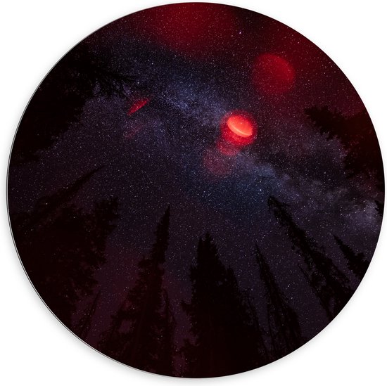 WallClassics - Dibond Muurcirkel - Rood Licht met Sterrenhemel boven Donkere Hoge Bomen - 100x100 cm Foto op Aluminium Muurcirkel (met ophangsysteem)