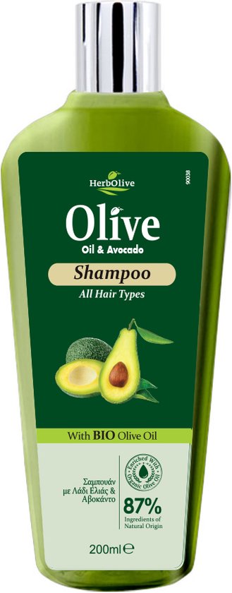 Herbolive Shampoo Olijf & Avocado fles met zilveren dop. Groene fles met afbeelding van avocado.