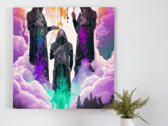 The holy trinity of the cybersphere three priests amidst the clouds | The Holy Trinity of the Cybersphere: Three Priests Amidst the Clouds | Kunst - 60x60 centimeter op Canvas | Foto op Canvas