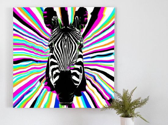 Rainbow striped zebra burst | Rainbow Striped Zebra Burst | Kunst - 60x60 centimeter op Canvas | Foto op Canvas - wanddecoratie schilderij