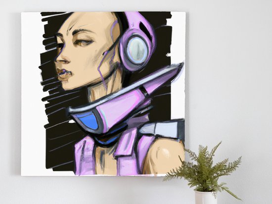 Digital DJ: A Futuristic Figure with Headphones and Smart Glasses kunst - 80x80 centimeter op Canvas | Foto op Canvas - wanddecoratie