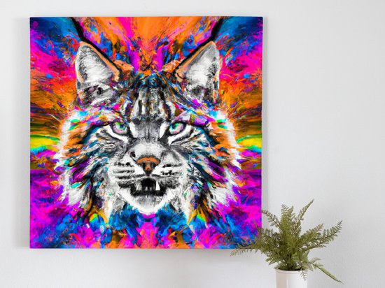 Vibrant Bobcat Burst kunst - 100x100 centimeter op Canvas | Foto op Canvas - wanddecoratie