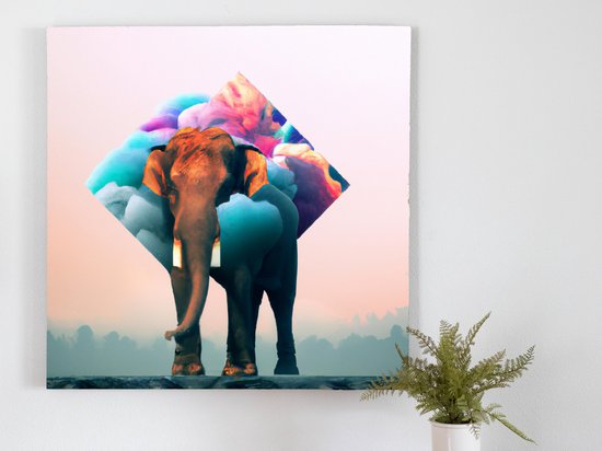 Kleurrijke olifantenparade | Kleurrijke Olifantenparade | Kunst - 60x60 centimeter op Canvas | Foto op Canvas - wanddecoratie schilderij