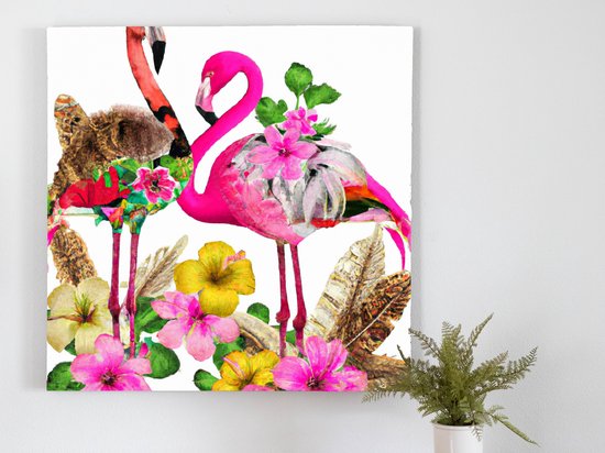 Flamingos in Bloom: A Celebration of Color and Beauty kunst - 80x80 centimeter op Canvas | Foto op Canvas - wanddecoratie