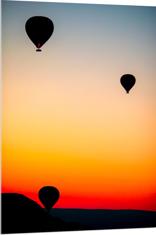 Acrylglas - Silhouet van Drie Luchtballonnen bij Feloranje Zonsondergang - 80x120 cm Foto op Acrylglas (Wanddecoratie op Acrylaat)