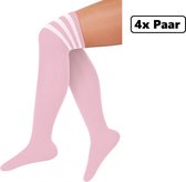 4x Paar Lange sokken pastel roze met witte strepen - maat 36-41 - kniekousen overknee kousen sportsokken cheerleader carnaval voetbal hockey unisex festival
