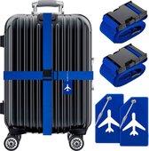 BOTC Kofferriem met Kofferlabel - 4-Delig Kofferband set - 2 Kofferband en 2 Bagagelabel - bagageriemen - Bagageband - Verstelbaar - Blauw