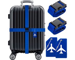 BOTC Kofferriem met Kofferlabel - 4-Delig Kofferband set - 2 Kofferband en 2 Bagagelabel - bagageriemen - Bagageband - Verstelbaar - Blauw